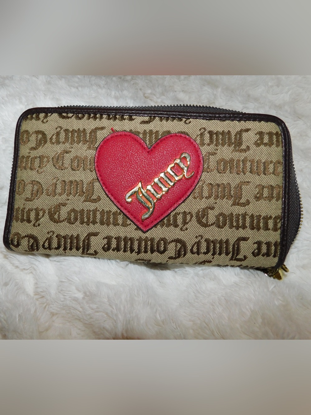 Juicy Couture Tan Logo Zip Wallet with Pink Heart